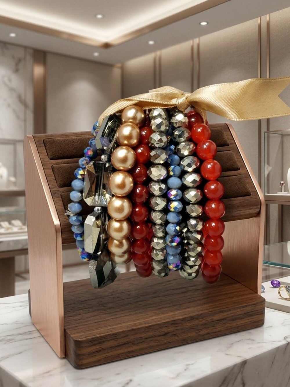 Ali Khan 8pc Multi Rust Glass Stone & Faux Pearl Stretch Bracelet Set